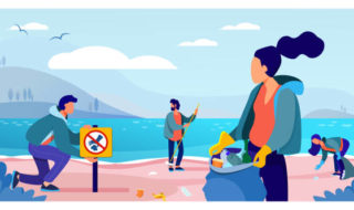 Group of young volunteers collecting trash on ocean beach flat vector illustration. Ecology and clean planet concept. People cleaning environment nature together